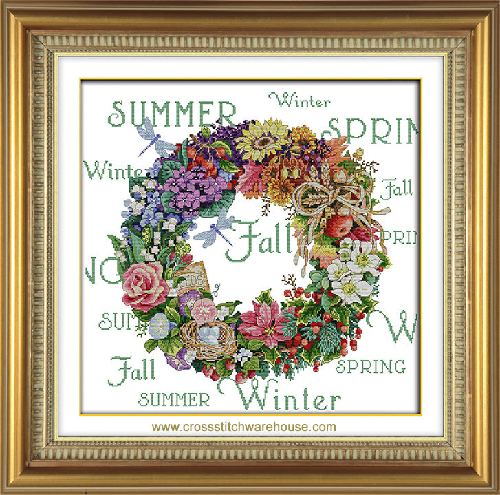 Dimensions Counted Cross Stitch Kit - 'Wreath Of All Seasons', 14x14 Inch, 18-Count Ivory Aida