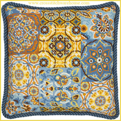 Patterns On Blue Pillow NEEDLEPOINT