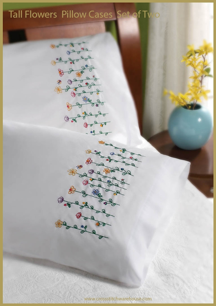 Bucilla Stamped Pillow Cases TALL FLOWERS  for Embroidery 20" x 30" 1 Pair 