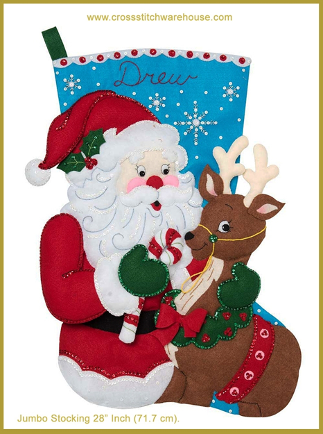 86897E Santa and Reindeer Bucilla 28-inch Jumbo Christmas Stocking Felt Applique Kit
